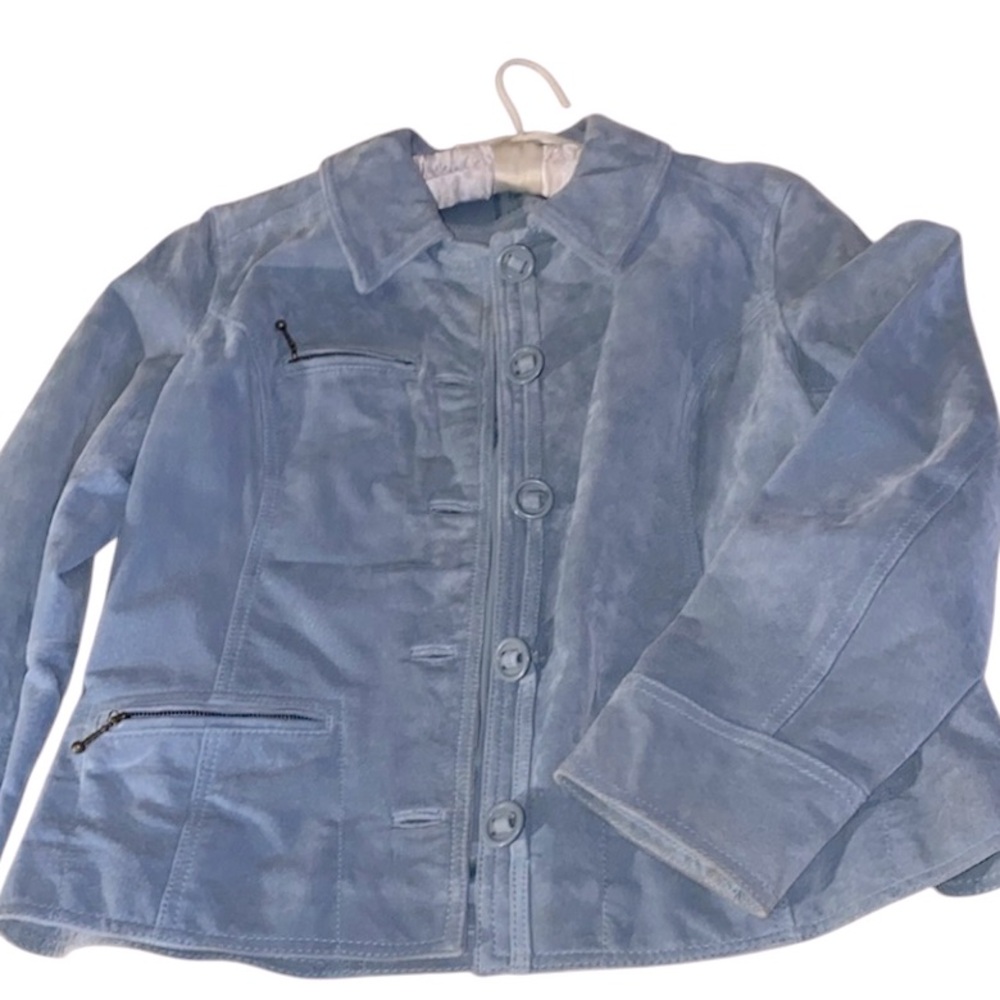 i. e. Relaxed Womens Jacket Suede Leather Powder Blue Button Pockets